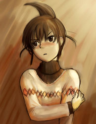 Rule 34 | 00s, 1girl, blush, brown background, brown eyes, brown hair, crossed arms, genshiken, looking to the side, ogiue chika, short hair, short ponytail, solo, topknot, turtleneck, upper body, zappers