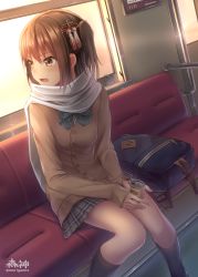 Rule 34 | 10s, 1girl, alternate costume, black socks, bow, bowtie, brown eyes, brown hair, can, canned coffee, drink can, hair between eyes, hair ornament, kantai collection, kneehighs, long sleeves, morigami (morigami no yashiro), open mouth, plaid, plaid bow, plaid bowtie, scarf, school uniform, sendai (kancolle), sendai kai ni (kancolle), short hair, sitting, socks, solo, train, train interior, two side up