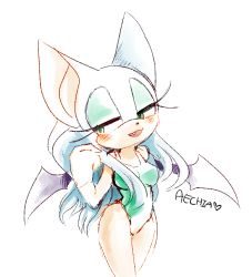 Rule 34 | 1girl, :3, alternate costume, alternate hair length, alternate hairstyle, animal ears, aqua eyeshadow, aqua one-piece swimsuit, arm behind back, artist name, bare shoulders, bat ears, bat wings, blush, breasts, eyeshadow, fang, female focus, furry, furry female, green eyes, half-closed eyes, hand up, happy, heart, large breasts, long hair, looking to the side, makeup, one-piece swimsuit, open mouth, rouge the bat, signature, simple background, sketch, smile, solo, sonic (series), spacecolonie, standing, swimsuit, white background, white hair, wings