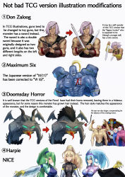 Rule 34 | 3girls, 6+boys, absurdres, alternate language, arms up, bare shoulders, blonde hair, blue eyes, blue hair, blue skin, blue sky, bodysuit, breasts, brown eyes, colored skin, dark ruler ha des, demon, don zaloog, doomsday horror, dual wielding, duel monster, earrings, english text, eyepatch, gemini imps, green hair, green skin, gun, hand up, harpie dancer, harpie oracle, harpie queen, harpy, hatano kiyoshi, high ponytail, highres, holding, holding gun, holding sword, holding weapon, jewelry, large breasts, lesser fiend, long hair, maximum six, medium hair, monster, monster girl, multiple boys, multiple girls, muscular, muscular male, no pupils, pink skin, purple eyes, purple hair, sky, slingshot swimsuit, swimsuit, sword, tongue, tongue out, topless male, weapon, winged arms, wings, yellow eyes, yu-gi-oh!