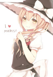 Rule 34 | 1girl, apron, bad id, bad pixiv id, blonde hair, blush, bow, braid, female focus, hat, hat bow, kirisame marisa, long hair, meet neet, simple background, single braid, smile, solo, touhou, truth, upper body, waist apron, white background, witch, witch hat, yellow eyes
