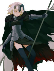 Rule 34 | 1girl, armor, bad id, bad pixiv id, banner, black thighhighs, blonde hair, fate/grand order, fate (series), fur, gauntlets, helmet, highres, jeanne d&#039;arc (fate), jeanne d&#039;arc alter (avenger) (fate), jeanne d&#039;arc alter (avenger) (first ascension) (fate), jeanne d&#039;arc alter (fate), looking at viewer, ruler (fate/grand order), short hair, simple background, smile, solo, thighhighs, white background, yellow eyes, zen33n