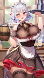 Rule 34 | 1girl, :d, absurdres, amahara subaru, animal ears, blush, braid, breasts, brown thighhighs, cow ears, cow horns, cup, grey hair, highres, holding, holding tray, horns, huge breasts, looking at viewer, open mouth, original, red eyes, smile, solo, thigh strap, thighhighs, tray