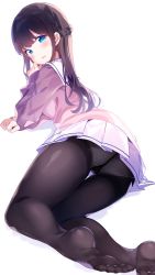 Rule 34 | 1girl, black pantyhose, blue eyes, blush, braid, brown cardigan, brown hair, cardigan, chikuwa., commentary request, gusset, highres, long hair, looking at viewer, looking back, lying, no shoes, on side, original, panties, panties under pantyhose, pantyhose, parted lips, pleated skirt, sailor collar, school uniform, serafuku, skirt, soles, solo, underwear, very long hair, white background, white sailor collar, white skirt