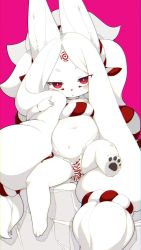 Rule 34 | 1girl, :&lt;, animal ears, convenient censoring, furry, furry female, highres, holding, holding own hair, kishibe, long hair, looking at viewer, navel, nude, ofuda, original, red eyes, rope, sitting, solo, spread legs, very long hair, white hair, wolf ears