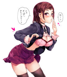 Rule 34 | 1girl, black choker, black ribbon, black thighhighs, breasts, brown hair, choker, cleavage, clothes lift, cowboy shot, grey jacket, heart, jacket, kuroiwa shinji, legs apart, long sleeves, looking at viewer, medium breasts, miniskirt, neck ribbon, open clothes, open jacket, original, pink eyes, pleated skirt, purple skirt, ribbon, shirt, shirt lift, short hair, simple background, skirt, solo, speech bubble, thighhighs, thighs, translation request, white background, white shirt
