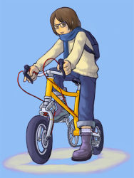 Rule 34 | 1girl, backpack, bag, bicycle, blue background, blue scarf, boots, brown eyes, brown hair, denim, g ryouta, glasses, jeans, open mouth, original, pants, scarf, short hair, simple background, smile, solo, sweater