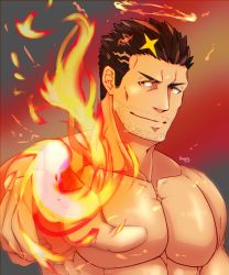 Rule 34 | 1boy, bara, facial hair, fire, halo, highres, kouyas 125, large pectorals, looking at viewer, male focus, mature male, muscular, muscular male, no nipples, pectorals, pointing, pointing at viewer, pyrokinesis, short hair, sideburns, smile, solo, stubble, tokyo houkago summoners, zabaniyya (housamo)
