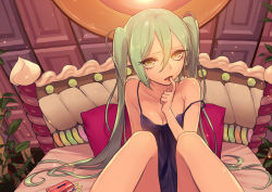 Rule 34 | 1girl, bad id, bad pixiv id, bed, casual, cellphone, face, happy end gretel (vocaloid), hatsune miku, long hair, noco (adamas), phone, sitting, solo, tank top, twintails, very long hair, vocaloid