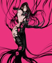 Rule 34 | 1girl, arm up, artist name, black bodysuit, black hair, bodysuit, breasts, covered collarbone, extra eyes, feet out of frame, foreshortening, highres, large breasts, long hair, original, pink background, pink eyes, shiny skin, simple background, solo, yourfreakyneighbourh