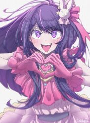 Rule 34 | 1girl, absurdres, artist name, blush, brooch, commentary request, dress, frilled gloves, frills, gloves, hair ornament, heart, heart brooch, heart hands, highres, hoshino ai (oshi no ko), idol, idol clothes, jewelry, korean commentary, lolboja, long hair, one side up, open mouth, oshi no ko, pink dress, pink gloves, pink ribbon, purple eyes, purple hair, rabbit hair ornament, ribbon, sidelocks, smile, solo, sparkle, star-shaped pupils, star (symbol), star hair ornament, swept bangs, symbol-shaped pupils, teeth, turtleneck, turtleneck dress, variant set