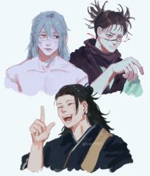 Rule 34 | 3boys, angry, artist name, bare shoulders, black eyes, black hair, blood, choso (jujutsu kaisen), closed mouth, collarbone, ear piercing, earrings, eyebrows, closed eyes, getou suguru, grey hair, heterochromia, highres, jewelry, jujutsu kaisen, long hair, looking to the side, lunarelles, mahito (jujutsu kaisen), male focus, medium hair, multiple boys, open mouth, pale skin, piercing, pointing, simple background, smile, stitched face, stitches, teeth, topless male, twitter username, watermark, white background, yellow eyes