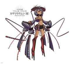 Rule 34 | 1girl, absurdres, arthropod girl, ballet boots, carapace, commentary request, dark-skinned female, dark skin, detached sleeves, expressionless, flat chest, full body, grey hair, hat, highres, jun075, looking at viewer, midriff, navel, original, personification, red eyes, shorts, solo, twintails, white background