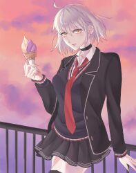 Rule 34 | 1girl, absurdres, ahoge, black choker, breasts, choker, collared shirt, fate/grand order, fate (series), food, grey hair, highres, holding, ice cream, jacket, jeanne d&#039;arc alter (avenger) (fate), jeanne d&#039;arc alter (fate), large breasts, looking at viewer, necktie, official alternate costume, rinnel11, shirt, short hair, skirt, smile, solo, sweater, thighhighs, uniform, yellow eyes