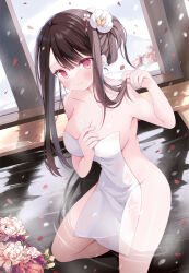 Rule 34 | 1girl, armpit crease, bath, breasts, brown hair, cleavage, closed mouth, collarbone, commentary request, covering privates, dot nose, falling petals, flower, groin outline, hair flower, hair ornament, half updo, holding, holding own hair, hoshino koucha, large breasts, light blush, long hair, looking at viewer, naked towel, nude cover, onsen, original, outdoors, partially submerged, petals, pink flower, red eyes, smile, snow, solo, steam, thighs, towel, water, wet, wet towel, white flower, white towel