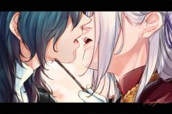 Rule 34 | 2girls, angerykacchan, artist name, byleth (female) (fire emblem), byleth (fire emblem), edelgard von hresvelg, fire emblem, fire emblem: three houses, food, gloves, green hair, head out of frame, highres, imminent kiss, letterboxed, multiple girls, nintendo, open mouth, pocky, pocky day, silver hair, white gloves, yuri