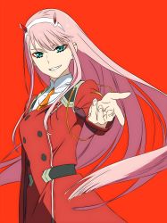 Rule 34 | 1girl, absurdres, dress, green eyes, highres, horns, incredibly absurdres, long hair, looking at viewer, pink hair, portrait, reaching, reaching towards viewer, red dress, smile, very long hair, zero two (darling in the franxx)