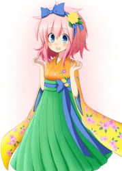Rule 34 | 1girl, beatmania, beatmania iidx, blue eyes, blush, bow, dress, flower, hair bow, hair ornament, hairband, japanese clothes, jubeat, looking at viewer, open mouth, pink hair, rensei, ribbon, sigsig (bemani), smile, solo, white background