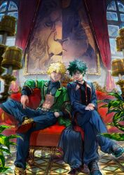 Rule 34 | 2boys, abs, absurdres, alternate costume, aqua eyes, arm rest, bakugou katsuki, belt, belt buckle, blonde hair, blue pants, blue shirt, blurry, blurry foreground, boku no hero academia, buckle, buttons, candelabra, candlestand, check clothing, clip studio paint (medium), clothing request, colored shoe soles, commentary request, couch, criss-cross halter, cropped shirt, cross-laced footwear, cushion, depth of field, drawing (object), dress shoes, fashion, figure four sitting, film grain, freckles, full body, gold necklace, green hair, hair between eyes, halterneck, hand in pocket, hand on hand, hand on own knee, hand up, highres, indoors, jacket, jewelry, kawaharaaisu, kikkoumon, lapels, leaf, leaning back, light, lion, looking at viewer, making-of available, male focus, midoriya izuku, midriff, multiple boys, multiple necklaces, multiple rings, navel, necklace, notched lapels, on couch, open clothes, open jacket, open mouth, own hands together, painting (object), pants, partial commentary, pendant, photoshop (medium), picture frame, plant, puffy pants, rabbit, red curtains, red eyes, ring, scowl, shadow, shirt, shoe soles, shoes, short hair, shrug (clothing), side-by-side, sitting, sleeve cuffs, smile, sneakers, spiked hair, stomach, teeth, thumb ring, toned, toned male, turning head, turtleneck, unmoving pattern, upper teeth only, v arms, white belt, window, yellow footwear