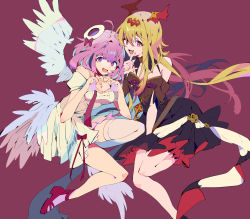 Rule 34 | 2girls, :d, ahoge, angel wings, asymmetrical hair, bare shoulders, black collar, black dress, blonde hair, bodice, bow, breasts, cleavage, collar, demon wings, detached collar, detached sleeves, dress, eyelashes, fangs, feathered wings, finger to mouth, flower, full body, hair between eyes, hair bow, hair intakes, hairband, halo, hand on lap, head wings, heart, heart hands, highres, idolmaster, idolmaster cinderella girls, idolmaster cinderella girls starlight stage, jewelry, key, key necklace, kurosaki chitose, leaning forward, leg up, long hair, looking at viewer, medium breasts, multicolored hair, multiple girls, multiple wings, necklace, open mouth, pendant, pink hair, platform footwear, puffy short sleeves, puffy sleeves, purple eyes, red background, red bow, red eyes, red footwear, rose, shoes, short hair, short sleeves, simple background, single thighhigh, smile, spaghetti strap, streaked hair, tareme, thighhighs, two-tone hair, white dress, white legwear, white wings, wings, yuda nappa, yumemi riamu