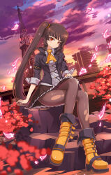 Rule 34 | 1girl, ascot, black skirt, brown hair, cityscape, frilled skirt, frills, highres, jacket, lily bloomerchen, long hair, official art, pantyhose, red eyes, shirt, sitting, skirt, soulworker, torn clothes, torn pantyhose, twintails, white shirt, yellow ascot, yellow footwear