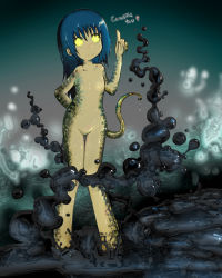Rule 34 | 1girl, blue hair, magic: the gathering, monster girl, nude, personification, seirei (mimi toka), solo, tail, tar, yellow eyes