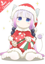 Rule 34 | 1girl, beads, blue eyes, blush, capelet, christmas, dragon girl, dragon horns, dragon tail, dress, expressionless, fur-trimmed capelet, fur-trimmed dress, fur-trimmed headwear, fur trim, hair beads, hair ornament, hat, highres, horns, kanna kamui, kobayashi-san chi no maidragon, looking at viewer, low twintails, merry christmas, samansa ex, santa costume, santa hat, sitting, solo, star (symbol), tail, thighhighs, twintails, wariza, white background, white thighhighs
