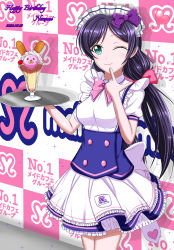 Rule 34 | 1girl, absurdres, apron, artist name, artist request, back bow, blush, bow, breasts, collared dress, dress, female focus, green eyes, heart, highres, holding, holding plate, long hair, looking at viewer, love live!, love live! school idol project, maid, maid apron, maid cap, one eye closed, parted lips, pink bow, plate, purple bow, purple hair, shou ma7, small breasts, smile, solo, tojo nozomi, twintails, white apron