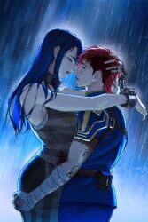 Rule 34 | 2girls, arcane: league of legends, artist name, asymmetrical hair, blue hair, caitlyn (league of legends), cuffs, dated, ear piercing, eye contact, hand on another&#039;s head, highres, league of legends, long hair, looking at another, multiple girls, outdoors, parted lips, piercing, rain, red hair, shackles, short hair, sidecut, twitter username, undercut, vi (league of legends), wet, wet clothes, wet hair, xwilson127, yuri