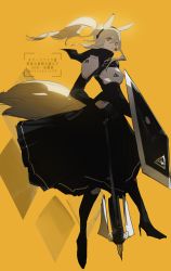 Rule 34 | 1girl, animal ears, aonogura, arknights, armor, black dress, black footwear, black scarf, blonde hair, boots, breastplate, closed mouth, commentary, dress, earpiece, expressionless, floating hair, full body, hair between eyes, hand on hilt, hashtag, headset, high heel boots, high heels, highres, holding, holding shield, horse ears, horse tail, long hair, looking at viewer, mace, nearl (arknights), ponytail, scarf, shield, shoulder armor, simple background, solo, standing, tail, twitter username, weapon, yellow background, yellow eyes