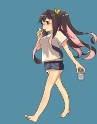 Rule 34 | 10s, 1girl, alcohol, alternate costume, alternate hairstyle, asahi breweries, barefoot, beer, beer can, bespectacled, black hair, blue background, brand name imitation, brown eyes, can, denim, denim shorts, drink can, fang, glasses, hair ribbon, highres, holding, holding can, kantai collection, long hair, macbail, multicolored hair, naganami (kancolle), pink hair, pockets visible, ponytail, purple-framed eyewear, ribbon, semi-rimless eyewear, shirt, short shorts, shorts, simple background, solo, t-shirt, two-tone hair, under-rim eyewear, very long hair, walking, wavy hair, yellow theme