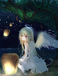 Rule 34 | 10s, 1girl, angel wings, bare back, barefoot, blonde hair, branch, dress, expressionless, fading, feathers, gabriel dropout, grass, grey eyes, halo, highres, leaf, looking back, mascheruri, night, single wing, sitting, sky lantern, solo, gabriel tenma white, tree, wariza, white dress, wings