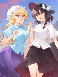 Rule 34 | 2girls, :o, ;d, alternate costume, black headwear, blonde hair, blue shirt, blue sky, bow, breasts, brown eyes, brown hair, cloud, collared shirt, commentary request, evening, fedora, hair ribbon, happy, hat, hat bow, highres, holding hands, kaede (mmkeyy), large breasts, long hair, looking at viewer, maribel hearn, medium breasts, medium hair, mob cap, multiple girls, one eye closed, open mouth, purple eyes, purple skirt, ribbon, ribbon-trimmed skirt, ribbon-trimmed sleeves, ribbon trim, shirt, short sleeves, sidelocks, skirt, sky, smile, touhou, tress ribbon, usami renko, white bow, white headwear, white ribbon, white shirt, wing collar