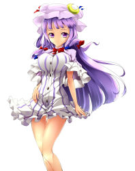 Rule 34 | 1girl, bare legs, breasts, capelet, crescent, crescent hair ornament, double bun, dress, hair bun, hair ornament, hair ribbon, hand on own hip, hat, long hair, looking at viewer, mob cap, patchouli knowledge, purple eyes, purple hair, ribbon, santa (kaisou hikuutei), short sleeves, simple background, smile, solo, striped clothes, striped dress, touhou, tress ribbon, very long hair, white background