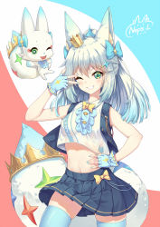 Rule 34 | 1girl, ;d, animal ear fluff, animal ears, arm up, bad id, bad pixiv id, blue bow, blue gloves, blue hair, blue nails, blue skirt, blue thighhighs, blue vest, blush, bow, breasts, character request, collarbone, commentary request, creature, crown, dated, final fantasy, fingerless gloves, fingernails, fox ears, fox girl, fox tail, frills, gloves, green eyes, grin, hair between eyes, hair bow, hand on own hip, highres, looking at viewer, medium breasts, midriff, nail polish, navel, neps-l, one eye closed, open clothes, open mouth, open vest, pleated skirt, shirt, signature, skindentation, skirt, sleeveless, sleeveless shirt, smile, tail, tama (world of final fantasy), thighhighs, v-shaped eyebrows, v over eye, vest, white shirt, world of final fantasy, yellow bow