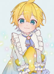 Rule 34 | 1boy, :3, ahoge, ascot, blonde hair, blue eyes, blush, frilled shirt collar, frills, holding, holding pillow, kagamine len, long sleeves, looking at viewer, male focus, pillow, project sekai, see-through, see-through sleeves, short hair, sleeve cuffs, smile, solo, star (symbol), star-shaped pillow, vocaloid, yusa popo