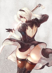 Rule 34 | 1girl, ass, back cutout, black dress, black thighhighs, blindfold, boots, clothing cutout, dress, feather-trimmed sleeves, hairband, highres, holding, holding weapon, juliet sleeves, kalalasan, lipstick, long sleeves, makeup, mole, mole under mouth, nier (series), nier:automata, puffy sleeves, short hair, simple background, solo, sword, thigh boots, thighhighs, vambraces, weapon, white hair, 2b (nier:automata)