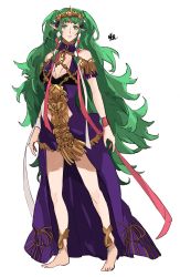 Rule 34 | 1girl, absurdres, barefoot, braid, closed mouth, dress, fire emblem, fire emblem: three houses, full body, green eyes, green hair, hair ornament, highres, long hair, nintendo, aged up, pointy ears, ribbon braid, sakuremi, simple background, solo, sothis (fire emblem), tiara, twin braids, white background