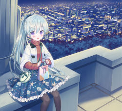 Rule 34 | 1girl, :d, black pantyhose, blue ribbon, blue skirt, blush, brown sweater, building, cityscape, commentary request, feet out of frame, frilled skirt, frills, hair between eyes, hair ribbon, highres, jacket, long hair, looking at viewer, night, open clothes, open jacket, open mouth, original, outdoors, pantyhose, ponytail, print skirt, purple eyes, ribbed sweater, ribbon, rooftop, shell, shell print, silver hair, sitting, skirt, smile, solo, starfish print, sweater, turtleneck, turtleneck sweater, very long hair, white jacket, yuuki rika