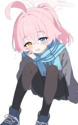 Rule 34 | 1girl, absurdres, ahoge, black pantyhose, blue archive, blue eyes, blue scarf, blush, cardigan, convenient leg, cross-laced footwear, fang, flying sweatdrops, halo, heterochromia, highres, hoshino (blue archive), huge ahoge, long sleeves, looking at viewer, medium hair, open mouth, pantyhose, pink hair, pink halo, plaid, plaid skirt, ponytail, scarf, school uniform, shoes, simple background, sitting, skin fang, skirt, sleeves past wrists, smile, solo, sweatdrop, white background, yellow eyes, yukisiannn
