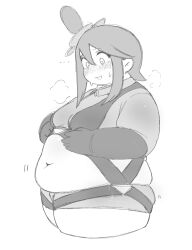 Rule 34 | 1girl, alternate breast size, breast reduction, breasts, creatures (company), fat, flower, game freak, greyscale, hair flower, hair ornament, hand on own stomach, highres, monochrome, navel, nimo (b45ui), nintendo, pokemon, pokemon bw, skyla (pokemon), small breasts, solo, sweatdrop, thick arms, thick thighs, thighs, weight gain, white background