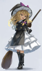 Rule 34 | 1girl, adapted costume, arm behind back, black footwear, black gloves, blonde hair, boots, bow, braid, broom, coat, commentary, forbidden scrollery, frilled skirt, frills, full body, gloves, grey background, hair bow, hat, hat bow, highres, holding, holding bow (ornament), holding broom, kirisame marisa, long hair, mini-hakkero, open mouth, petticoat, purple bow, side braid, simple background, single braid, skirt, solo, standing, suna (s73d), touhou, trench coat, trigram, witch hat, yellow eyes, yin yang