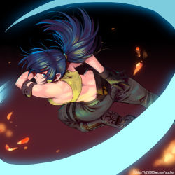 Rule 34 | 1girl, a-ka, action, arm behind back, arm belt, attack, back, belt pouch, black footwear, black gloves, black pants, blue eyes, blue hair, boots, closed mouth, crop top, fire, floating hair, gloves, gradient background, holster, leona heidern, long hair, looking at viewer, matching hair/eyes, midriff, one eye covered, pants, ponytail, pouch, shoe soles, sleeveless, solo, tank top, the king of fighters, the king of fighters xiv, thigh strap, toned, watermark, web address