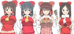 Rule 34 | 4girls, akabeco, apron, black eyes, black hair, blush, bow, breasts, brown hair, censored, censored food, commentary request, cookie (touhou), hair bow, hair tubes, hakurei reimu, huge breasts, index finger raised, large breasts, long hair, looking at viewer, mosaic censoring, multiple girls, navel, noel (cookie), open mouth, parted lips, red bow, red eyes, rurima (cookie), sananana (cookie), scarf, shinonome (cookie), shiromiya rei, simple background, smile, touhou, white background, white scarf