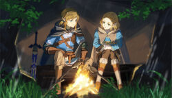 1boy 1girl absurdres black_cape black_gloves blonde_hair blue_eyes blue_shirt blurry braid cape commentary couple crown_braid depth_of_field ear_piercing fingerless_gloves fire gloves grass green_eyes hair_ornament hairclip highres hood hood_down hooded_cape link log looking_at_another missholmes nintendo piercing pointy_ears princess_zelda rain sheath sheathed shirt short_hair sitting sword tent the_legend_of_zelda the_legend_of_zelda:_tears_of_the_kingdom weapon