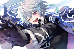 Rule 34 | 1boy, bishounen, black gloves, blue hair, blush, buttons, eyelashes, foreshortening, frilled sleeves, frills, gloves, gradient background, grey hair, hair between eyes, happy, highres, holostars, holostars english, jacket, jacket on shoulders, light particles, long sleeves, looking at viewer, luma8b, male focus, octavio, one eye closed, open mouth, pink eyes, solo, swept bangs, teeth, tri braids, upper body, upper teeth only, virtual youtuber
