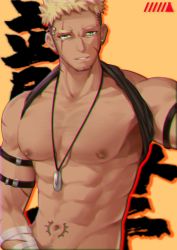 Rule 34 | 1boy, abs, armlet, artist request, bandaged arm, bandages, bara, bare pectorals, belt, black shirt, blonde hair, brown hair, clothes lift, commission, dark-skinned male, dark skin, dog tags, ear piercing, facial hair, facial scar, goatee, highres, large pectorals, male focus, mature male, multicolored hair, muscular, muscular male, navel, navel hair, nipples, original, out-of-frame censoring, pectorals, piercing, romg, scar, scar across eye, scar on cheek, scar on face, second-party source, shirt, shirt behind neck, shirt lift, short hair, sideburns, solo, spiked hair, stomach, stomach tattoo, tattoo, thick eyebrows, two-tone hair, undercut, upper body