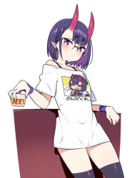 Rule 34 | 1girl, alcohol, black thighhighs, blush, bob cut, chan co, closed eyes, clothes writing, commentary request, contemporary, cowboy shot, cup, drinking glass, earrings, fang, fate/grand order, fate (series), glasses, highres, holding, holding cup, hood, hoodie, horns, ice, jewelry, leaning on object, looking at viewer, off-shoulder shirt, off shoulder, oni, open mouth, puff of air, purple eyes, purple hair, rimless eyewear, shirt, short hair, shot glass, shuten douji (fate), skin-covered horns, solo, t-shirt, thighhighs, white background, white shirt, wristband