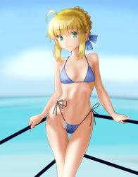 Rule 34 | 1girl, against railing, ahoge, alternate costume, artoria pendragon (all), artoria pendragon (fate), bare arms, bare shoulders, bikini, blonde hair, blue bikini, blue bow, blue sky, blurry, blurry background, blush, bow, braid, breasts, closed mouth, cloud, commentary request, day, depth of field, fate/stay night, fate (series), green eyes, groin, hair between eyes, hair bow, highleg, highleg bikini, highres, horizon, looking at viewer, navel, ocean, outdoors, railing, saber (fate), side-tie bikini bottom, sidelocks, sky, small breasts, smile, solo, standing, swimsuit, taka (takahirokun), water