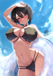 Rule 34 | 1girl, absurdres, arm up, beach, bikini, black bikini, black hair, blue eyes, blue sky, blush, breasts, bunny garden, closed mouth, cloud, collarbone, commentary request, dated, day, hair between eyes, highres, innertube, large breasts, light smile, looking at viewer, miuka (bunny garden), navel, outdoors, short hair, signature, sky, solo, standing, swim ring, swimsuit, ta1sh1, underboob, wet